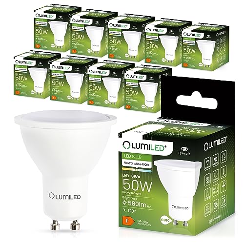 LUMILED GU10 LED, 6W 580 Lumen Leuchtmittel, 4000K neutralweiß Birne Lampe Strahler Spot, ersetzt 50W Halogenlampen, 120° Grad Strahlwinkel Reflektorlampen Reflektor 10 Stück Energiesparlampen von LUMILED