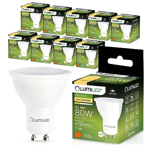 LUMILED GU10 LED, 8W 720 Lumen Leuchtmittel, 3000K warmweiß Birne Lampe Strahler Spot, ersetzt 80W Halogenlampen, 120° Grad Strahlwinkel Reflektorlampen Reflektor 10 Stück Energiesparlampen von LUMILED