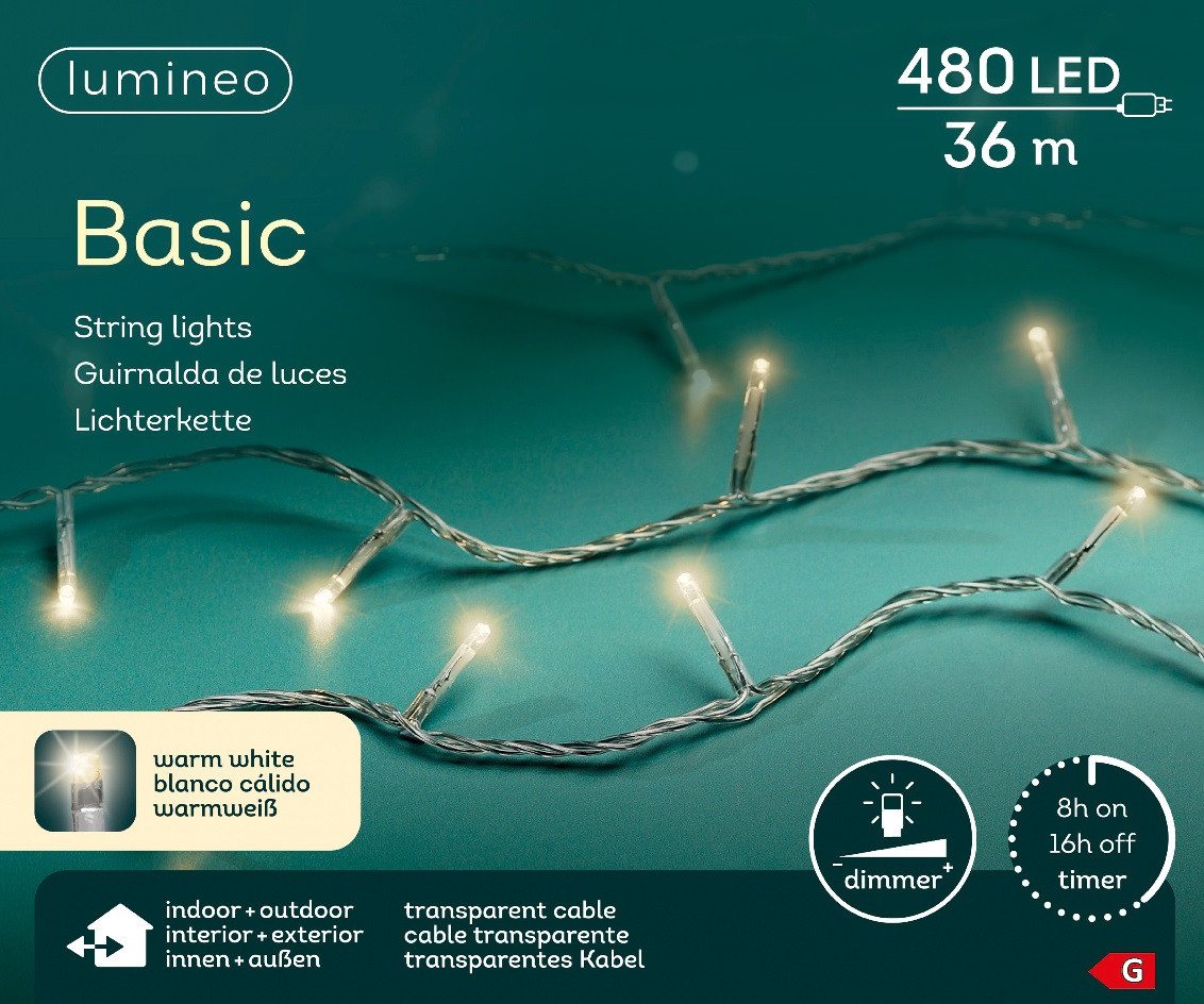 Lumineo LED-Lichterkette Lumineo Lichterkette Basic 480 LED 36 m warm weiß, transparentes Kabel, Dimmbar, Timer, Indoor, Outdoor von Lumineo