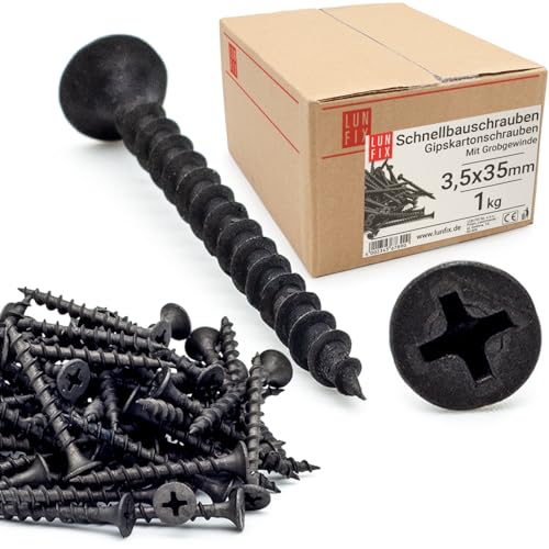 Lun Fix Schnellbauschrauben 3,5 x 35 mm 1Kg - 560 Stück |Trockenbauschrauben Mit Grobgewinde |Gipskartonschrauben |Schwarz Rigipsschrauben für Gipskartonplatten |Gipsplattenschrauben, Schnellschrauben von Lun Fix