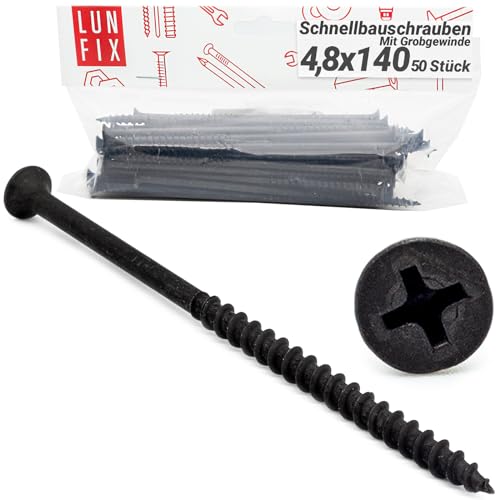 Lun Fix Schnellbauschrauben 4,8x140 mm (50 Stück) | Trockenbauschrauben Mit Grobgewinde | Gipskartonschrauben | Schwarz Rigipsschrauben für Gipskartonplatten, Gipsplattenschrauben, Schnellschrauben von Lun Fix