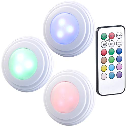 Lunartec LED Spot: 3er-Set RGB+W-LED-Unterbauleuchten, Fernbedienung, Timer, erweiterbar (LED Lampe mit Batterie, Schrankleuchten, Glaskantenbeleuchtung) von Lunartec