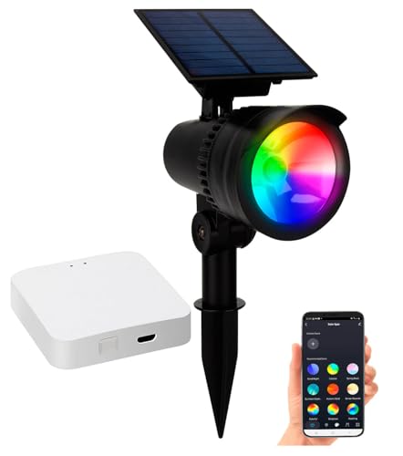 Lunartec Erdspieß Strahler Solar: RGB-CCT-LED-Spot mit Bluetooth, 50 lm, 1 W, IP44 inkl. Gateway (Solarstrahler mit App, Gartenstrahler mit App) von Lunartec