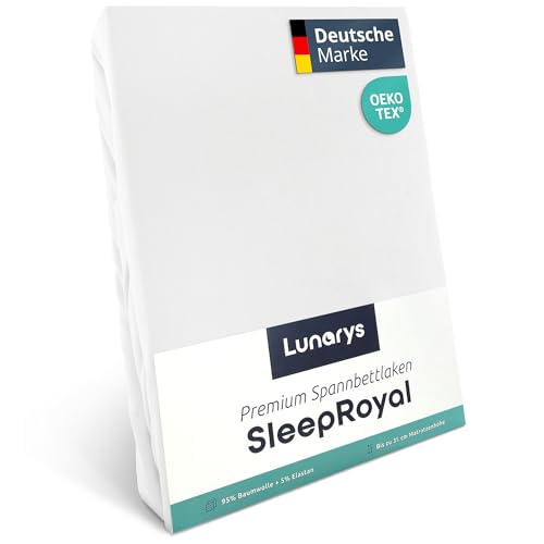 Lunarys® SleepRoyal Luxus Spannbettlaken 120x200cm - Weiß - 250 g/m² Premium Bettlaken - 40 cm Steghöhe - für hohe Matratzen, Boxspringbett & Matratze + Topper & Wasserbett - Stretch Jersey von Lunarys