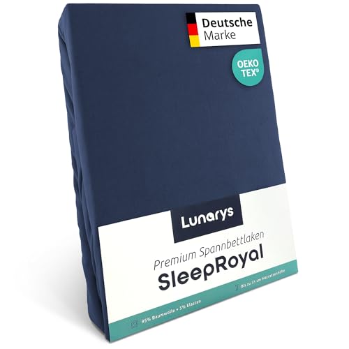 Lunarys® SleepRoyal Luxus Spannbettlaken 120x200cm - Dunkelblau - 250 g/m² Premium Bettlaken - 40 cm Steghöhe für hohe Matratzen, Boxspringbett & Matratze + Topper & Wasserbett - Stretch Jersey von Lunarys