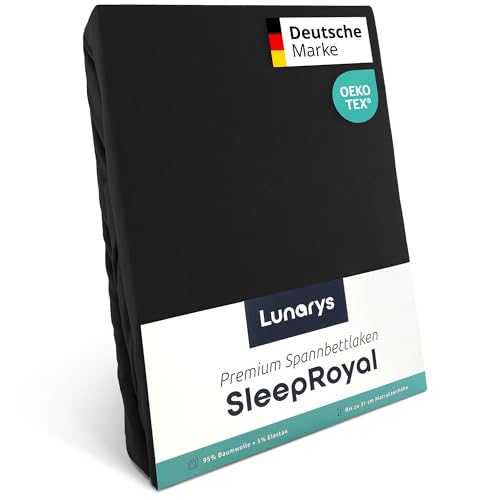 Lunarys® SleepRoyal Luxus Spannbettlaken 120x200cm - Schwarz - 250 g/m² Premium Bettlaken - 40 cm Steghöhe - für hohe Matratzen, Boxspringbett & Matratze + Topper & Wasserbett - Stretch Jersey von Lunarys