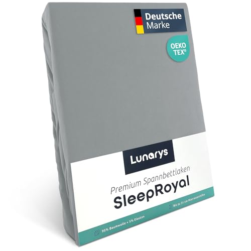 Lunarys® SleepRoyal Luxus Spannbettlaken 120x200cm - Silbergrau - 250 g/m² Premium Bettlaken - 40 cm Steghöhe - für hohe Matratzen, Boxspringbett & Matratze + Topper & Wasserbett - Stretch Jersey von Lunarys