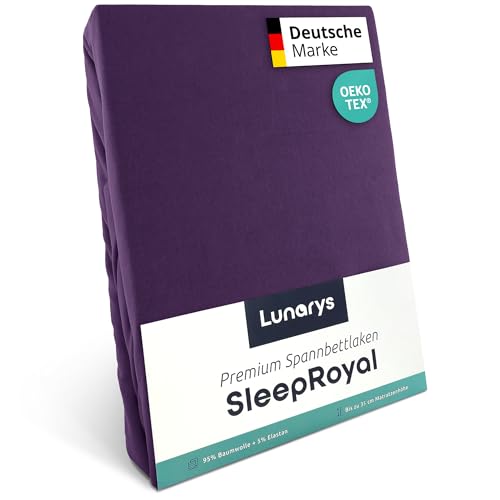 Lunarys® SleepRoyal Luxus Spannbettlaken 140x200cm - Lila - 250 g/m² Premium Bettlaken - 40 cm Steghöhe - für hohe Matratzen, Boxspringbett & Matratze + Topper & Wasserbett - Stretch Jersey von Lunarys