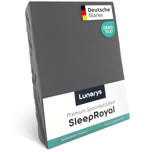 Lunarys® SleepRoyal Luxus Spannbettlaken 180x200cm - Grau - 250 g/m² Premium Bettlaken - 40 cm Steghöhe - für hohe Matratzen, Boxspringbett & Matratze + Topper & Wasserbett - Stretch Jersey von Lunarys