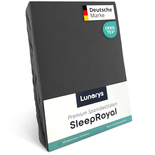 Lunarys® SleepRoyal Luxus Spannbettlaken 180x200cm - Anthrazit - 250 g/m² Premium Bettlaken - 40 cm Steghöhe - für hohe Matratzen, Boxspringbett & Matratze + Topper & Wasserbett - Stretch Jersey von Lunarys