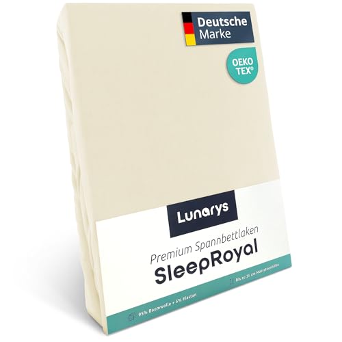 Lunarys® SleepRoyal Luxus Spannbettlaken 200x200 cm - Creme - 250 g/m² Premium Bettlaken - 40 cm Steghöhe - für hohe Matratzen, Boxspringbett & Matratze + Topper & Wasserbett - Stretch Jersey von Lunarys