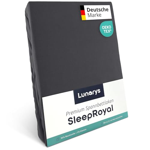 Lunarys® SleepRoyal Luxus Spannbettlaken 200x200 cm - Anthrazit - 250 g/m² Premium Bettlaken - 40 cm Steghöhe - für hohe Matratzen, Boxspringbett & Matratze + Topper & Wasserbett - Stretch Jersey von Lunarys