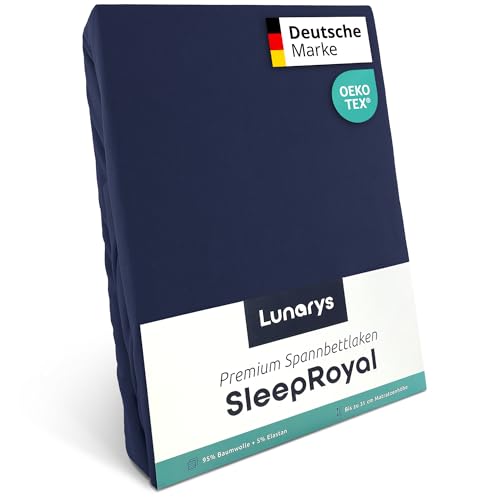 Lunarys® SleepRoyal Luxus Spannbettlaken 200x220 cm - Dunkelblau - 250 g/m² Premium Bettlaken - 40 cm Steghöhe für hohe Matratzen, Boxspringbett & Matratze + Topper & Wasserbett - Stretch Jersey von Lunarys