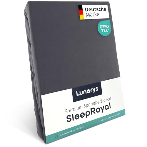 Lunarys® SleepRoyal Luxus Spannbettlaken 200x220 cm - Anthrazit - 250 g/m² Premium Bettlaken - 40 cm Steghöhe - für hohe Matratzen, Boxspringbett & Matratze + Topper & Wasserbett - Stretch Jersey von Lunarys