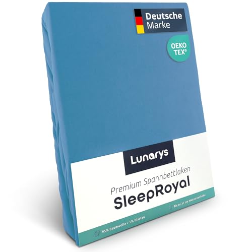 Lunarys® SleepRoyal Luxus Spannbettlaken 200x220 cm - Hellblau - 250 g/m² Premium Bettlaken - 40 cm Steghöhe - für hohe Matratzen, Boxspringbett & Matratze + Topper & Wasserbett - Stretch Jersey von Lunarys