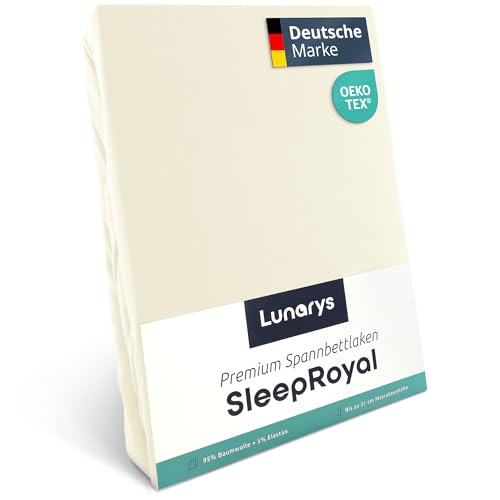 Lunarys® SleepRoyal Luxus Spannbettlaken 220x220 cm - Creme - 250 g/m² Premium Bettlaken - 40 cm Steghöhe - für hohe Matratzen, Boxspringbett & Matratze + Topper & Wasserbett - Stretch Jersey von Lunarys