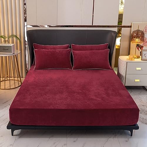 Fleece Spannbettlaken Spannbetttuch Warm Winter 160x200 Rot Weinrot Flausch Cashmere Touch Teddy Plüsch Flanell Kuschelig Flauschig Nicki Velours Bettlaken für Boxspringbett Hohe Matratzen bis 30 cm von Luofanfei