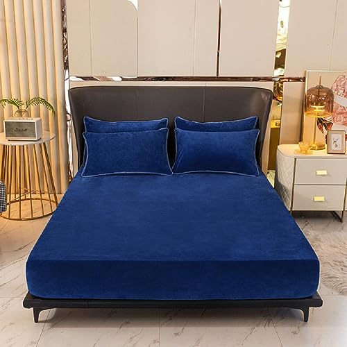 Fleece Spannbettlaken Spannbetttuch Warm Winter 90x200 Blau Dunkelblau Flausch Cashmere Touch Teddy Plüsch Flanell Kuschelig Flauschig Nicki Velours Bettlaken für Boxspringbett Hohe Matratzen 30 cm von Luofanfei