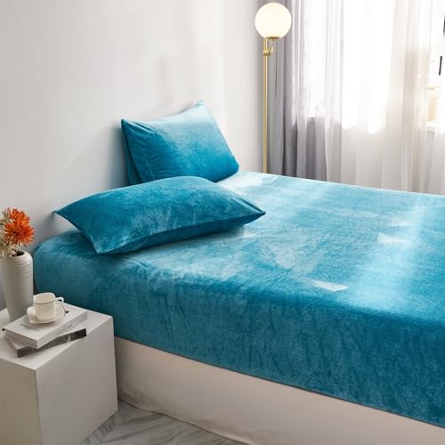 Fleece Spannbettlaken Winter 90x200cm Warm Boxspringbett Seeblau Blau Samt Kuschel Frottee Flanell Bettlaken Spannbetttuch Uni Muster Spannbetttücher Set 90 x 200 für Hohe Matratze Steghöhe 25-30cm von Luofanfei