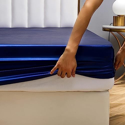 Spannbettlaken 100x200 Blau Satin Boxspringbett Steghöhe 30 cm Muster Hohe Matratze Frottee Topper Bettlaken Seide Glänzend Spannbetttuch 100 x 200cm Spannbetttücher für bis 25-30 cm von Luofanfei