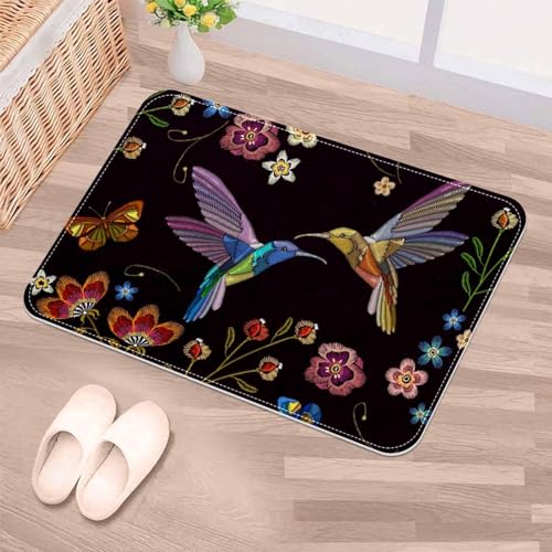 Luoweisi Kolibri Blumen Stickerei Fußmatte Innen 40x60cm, Waschbar Türmatten Saugfähig Rutschfest Niedriges Profil Fußmatte Innen Eingang Teppich Bodenmatte für Haustür Küche von Luoweisi