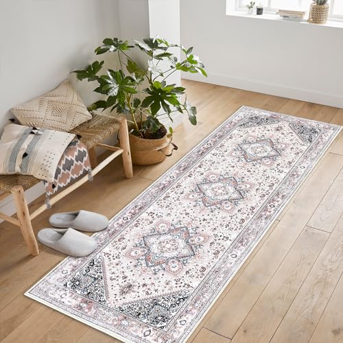 LuxFocus Flur Läufer Teppich, Weicher Vintage Wäscheteppich rutschfeste Eingangsmatte Waschbar Bauernhaus Küchenbereich Teppich für Badezimmer Schlafzimmer, Rosa 60 x 230 cm von LuxFocus