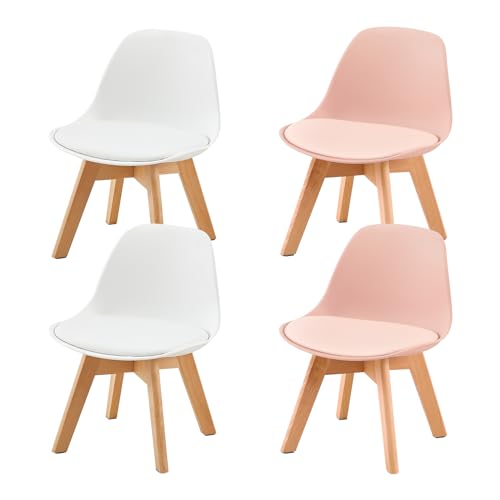 LuxNook 4 Stück Kinderstuhl mit Holzbeinen, stabile Kinderstühle mit Rückenlehne für Kinderzimmer, Farbe für Jungen und Mädchen, PP+PU (weiß+rosa) von LuxNook