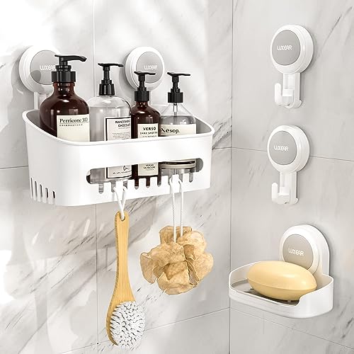 Luxear Duschablage Ohne Bohren+Seifenschale mit Ablauf+2 Saugnapf Haken, 4 Pack Badezimmer Organizer Set, Duschkorb Regal für Shampoo Duschgel, Saughaken Extra Stark für Dusche Fliese Bad Küche Wand von Luxear