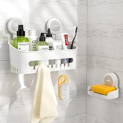 Luxear Duschablage Ohne Bohren+Seifenschale mit Ablauf, 2 Pack Saugnapf Badezimmer Organizer Set, Duschkorb zum Hängen für Shampoo Duschgel, Halterung wiederverwendbar für Dusche Fliese Bad Küche Wand von Luxear