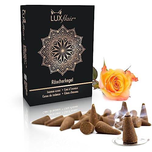 Räucherkegel Rose, 25 Räucherkerzen, Glimmdauer je Kegel ca. 25min, natürlich hergestellt. Blumiges Aroma für Yoga, Meditation & Entspannung von Luxflair