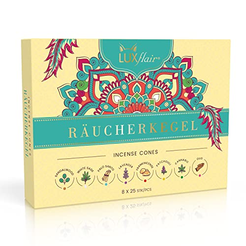 Räucherkegel Set, Mischung mit 8 Düften (je Packung 25 Kegel, insgesamt 200 Räucherkerzen), blumig, hölzig, klassisch, nachhaltige Produktion von Luxflair