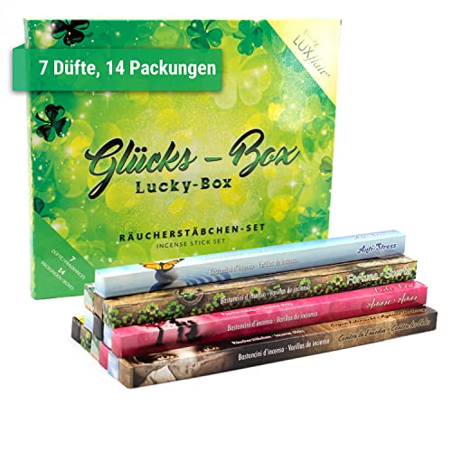 Räucherstäbchen Set Glücksbringer, Bundle mit 7 verschiedenen Sorten, indische Räucherstäbchen, 14 Packungen à 8 Stäbchen, Brenndauer ca. 30min, Intensive und würzige Düfte, Probierset, Geschenkset von Luxflair