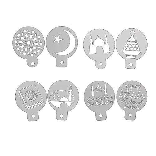 Eid Mubarak Kaffeekunstvorlage Set 8pcs Kaffee Dekorieren Schablonen Ramadan Mubarak Design Kaffeestunden Kuchenvorlage Werkzeug Tool von Luxylei