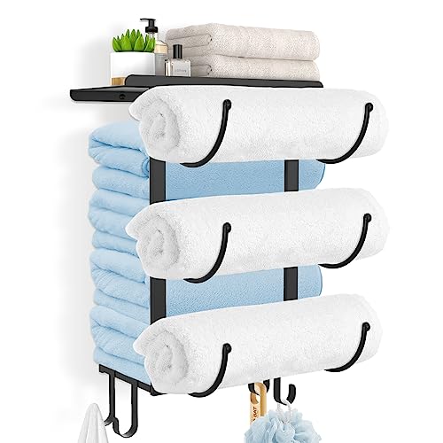 Wandmontierter Handtuchhalter für gerollte Handtücher, LyTaispuly Doppelseitige Wandhandtuchaufbewahrung für kleines Badezimmer mit Regal und Haken, Upgrade-Badetuchhalter hält 6 große Größe von von LyTaispuly
