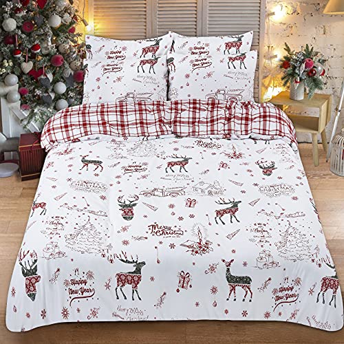 Weihnachts-Bettbezug-Set mit Rentier-Motiv, 3-teilig, Bettbezug, weiß und rot, Gittersteppbezug mit Reißverschluss (1 Bettbezug, 2 Kissenbezüge) von Lyacmy