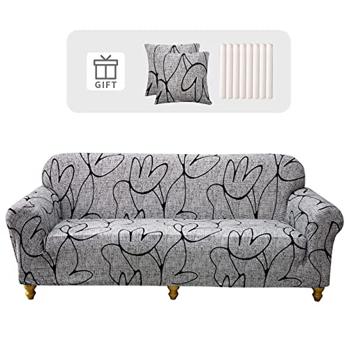 Lydevo Sofabezug 4 Sitzer Stretch Sofahusse Elastischer Sofabezug Spandex Sofa Überzug mit 2 Kissenbezug Anti-Rutsch Waschbar Sofa Protection Cover Schonbezug Couch,Graue Blume von Lydevo