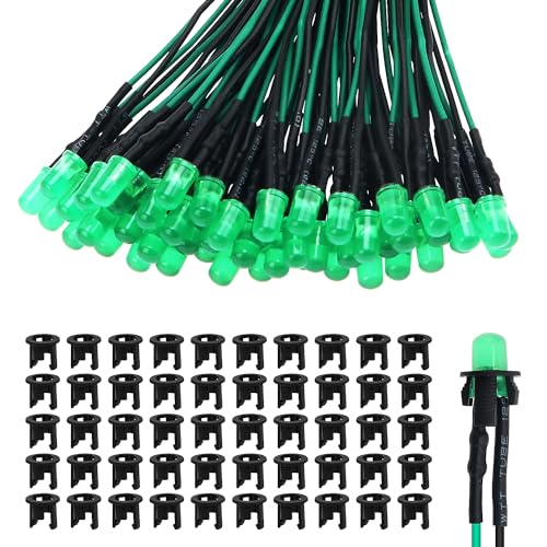 Lyeteung 50 Stücke 5mm 12V Vorverdrahtete LED Dioden Licht, Grün, 5mm LED Diffuse Emittierende Leuchtdiode mit 20cm Kabel + 50 Stücke 5mm Plastik LED Dioden Halter von Lyeteung