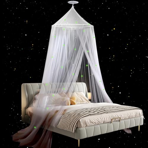 Lyneun Moskitonetz für Bett, Mückennetz Bett für Doppelbett Einzelbett, Sterne Leuchtende Betthimmel Kinder, Hängebar Mückennetz für Reise, Dekorieren und zu Hause, mit Tragebeutel (White) von Lyneun