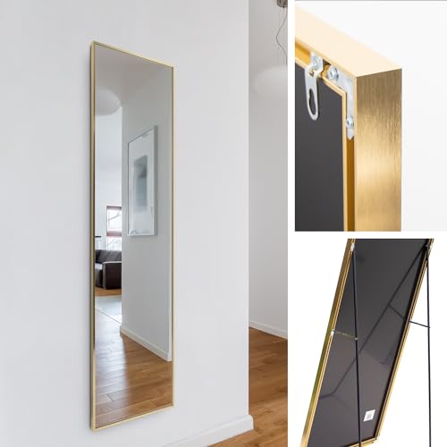 Rechteckiger Ganzkörper Standspiegel schmal 50x140cm, eingefasst im edlen goldenem Aluminium Rahmen - kristallklare Spiegelung mit High-Definition-Glas - für Schlafzimmer, Bad, Flur, Wohnzimmer von M MERCEO