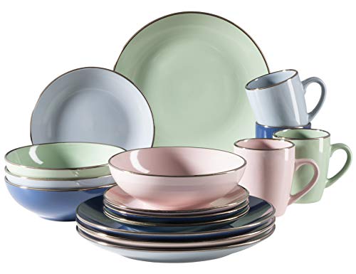 MÄSER 931870 Metallic Rim, Modernes Geschirr Set für 4 Personen mit messingfarbenem Rand, 16-teiliges Kombiservice mit randlosen Coupe-Formen, bunt, Steinzeug, pastell'n'blue MÄSER 931870 Metallic Rim, Modernes Geschirr Set für 4 Personen mit messingfarbenem Rand, 16-teiliges Kombiservice mit randlosen Coupe-Formen, bunt, Steinzeug, pastell'n'blue von MÄSER