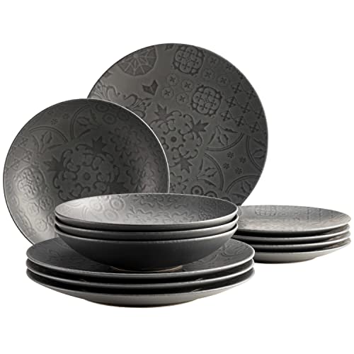 MÄSER 935076 Serie Tiles Vintage Tafelservice für 4 Personen im maurischen Stil mit moderner Mattglasur, 12-teiliges Keramikgeschirr Teller Set, Steinzeug, Schwarz MÄSER 935076 Serie Tiles Vintage Tafelservice für 4 Personen im maurischen Stil mit moderner Mattglasur, 12-teiliges Keramikgeschirr Teller Set, Steinzeug, Schwarz von MÄSER