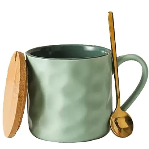 MAGICVOGEL Kaffeetasse mit Holzdeckel und Löffel 400ml große Keramiktasse Modern Kaffeebecher Trinkbecher mit großem Henkel Kakaobecher für Büro und Zuhause (Grün) von MAGICVOGEL
