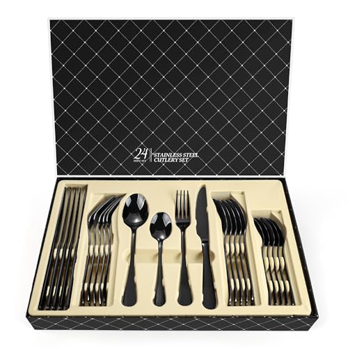 Besteck Set 6 Personen, Schwarzes Besteck Verdicktes Messer und Gabel Besteck Schwarz 24-Teilig für Hause, Hochglanzpoliert/Rostfrei/Spülmaschinenfest von MAIENSI