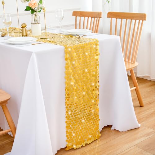 Tischläufer Gold Weihnachten Hochzeit Party Deko Tischdecke Glitzer Morden Geburtstag Party Dekorationen Langer Tischläufer Rund Große Pailletten Bachelorette Dance Disco Bankett 275 x 30 cm von MAIXUN