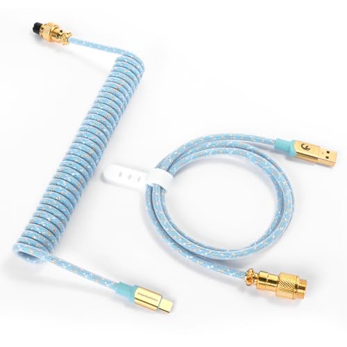 MAMBASNAKE C03 Coiled USB C Kabel für Gaming-Tastatur, Starlight Geflochtenes Tastaturkabel, Typ C bis USB A, Braided Cable USB C, Spiral Tastaturkabel Typ C, 24K-Gold-Luftfahrtanschluss - Hellblau von MAMBASNAKE