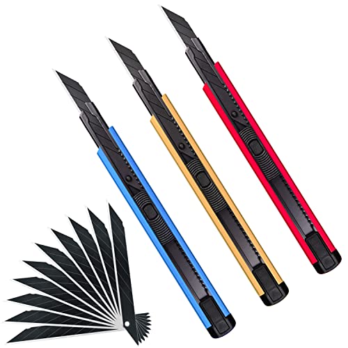 MANUFORE 3 Stück 9mm Cuttermesser Set, Profi Cuttermesser aus Aluminium mit 10 Stück 30 Grad Schwarz SK5 Stahl Abbrechklingen, Teppichmesser Gold, Rot und Blau für Karton, Folien, Papier und Tapete von MANUFORE