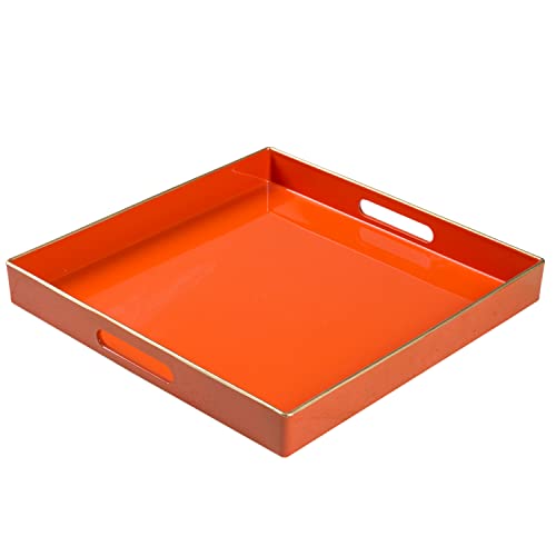 MAONAME Dekoratives Tablett, orangefarbenes Serviertablett mit Griffen, Couchtisch-Tablett, quadratisches Kunststofftablett für Ottomane, Badezimmer, Küche, 33 x 33 x 4 cm von MAONAME