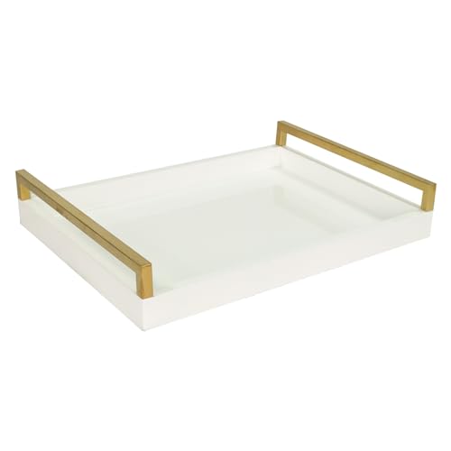 MAONAME Weißes dekoratives Tablett, Serviertablett mit Metallgriffen, rechteckiges Holztablett für Ottomane, modernes Couchtischtablett für Wohnzimmer, Badezimmer, 39,9 x 30 x 5,1 cm von MAONAME