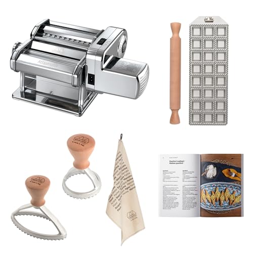 Nudel- und Ravioli-Zubereitungsset, Elektrische Pasta-Maschine Atlas 150 + Motor + Stempel für 24 Quadratische Ravioli (35 mm)+Nudelholz+Runder Stempel+Ovaler Stempel+Geschirrtuch+Rezeptbuch. von MARCATO