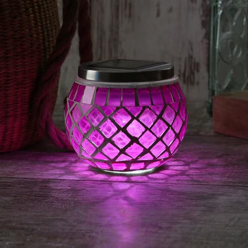 LED Solar Windlicht - Mosaik Solarglas - kaltweiße LED - Lichtsensor - H: 9cm - für Außen - pink von MARELIDA